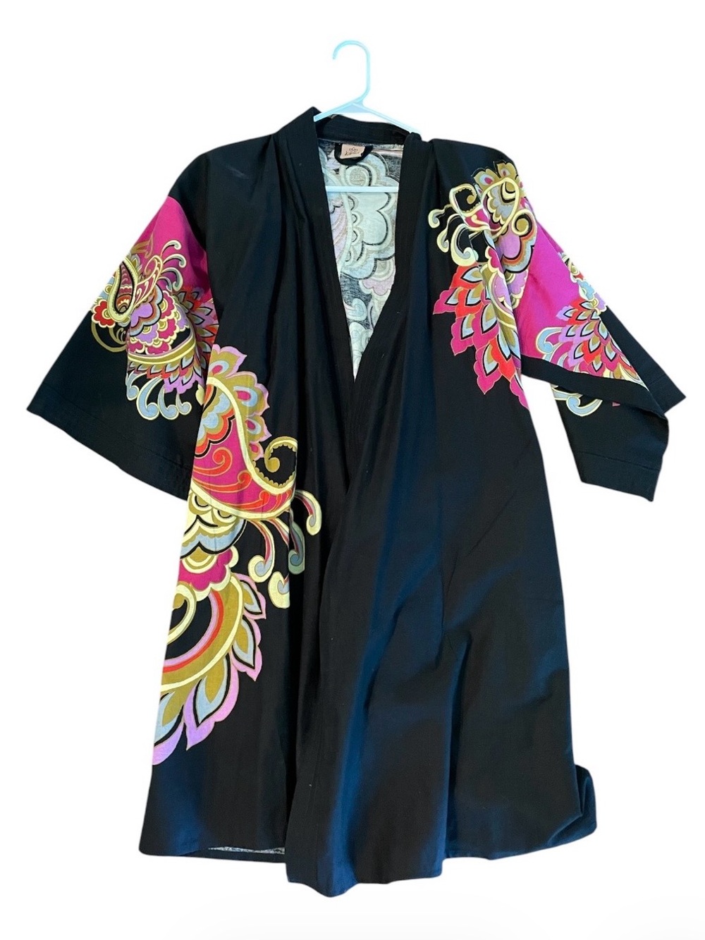 Karma - Women's Black Floral-Accent Kimono Robe - Pink & Gold Print